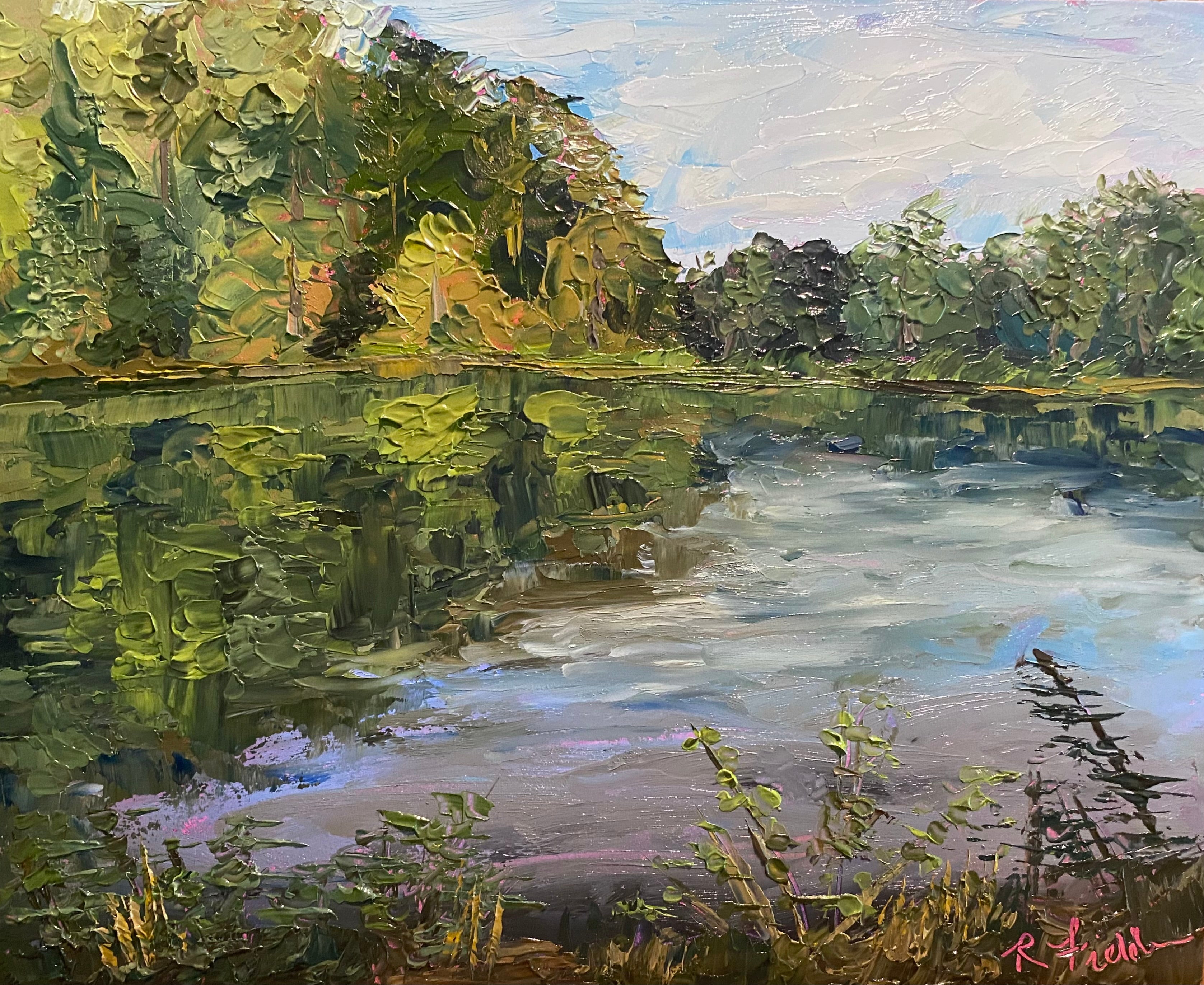 Painting of a serene lake surrounded by trees
